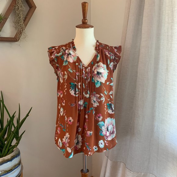 Terracotta floral boho sleeveless blouse, Daniel Rainn XS - Picture 3 of 5